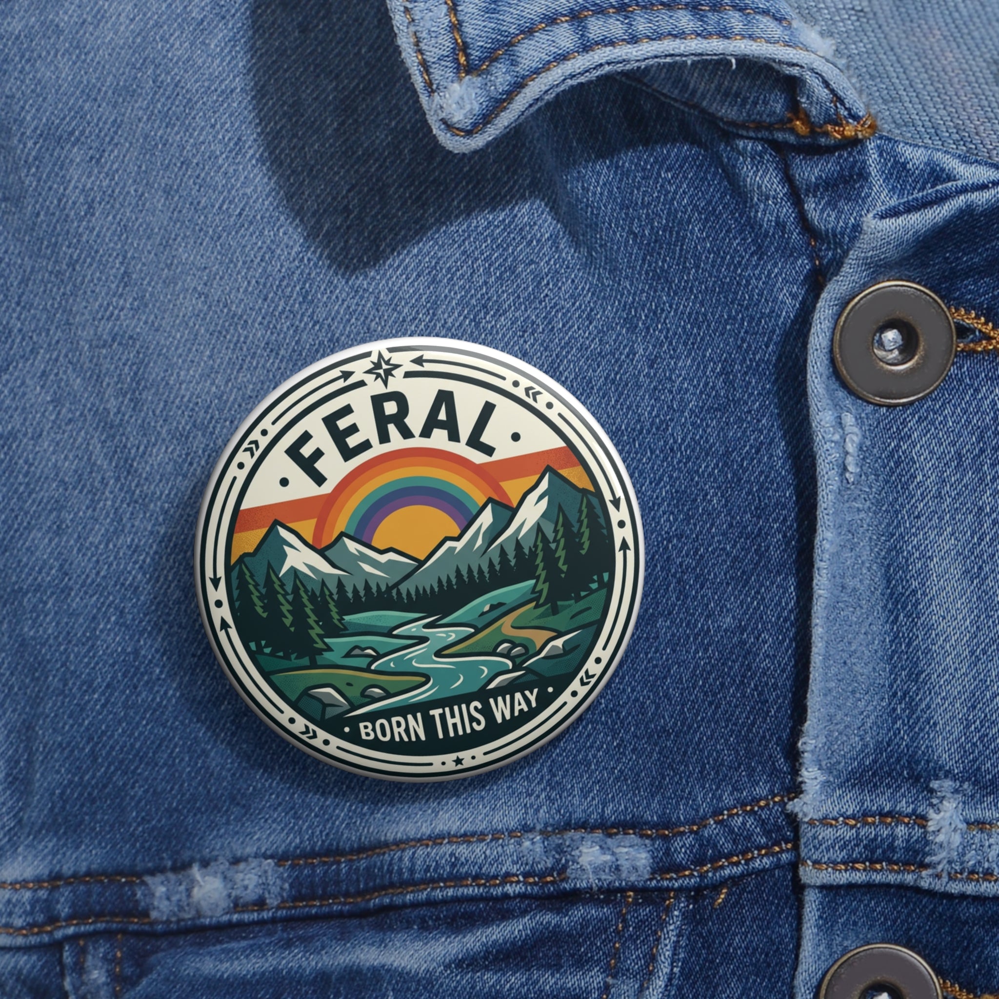 Gay Pride Pin button, LGBTQ Rainbow Mountain National Park Scene, Subtle Gay Pride Subtle Lesbian Pin | Feral Born This Way Pin