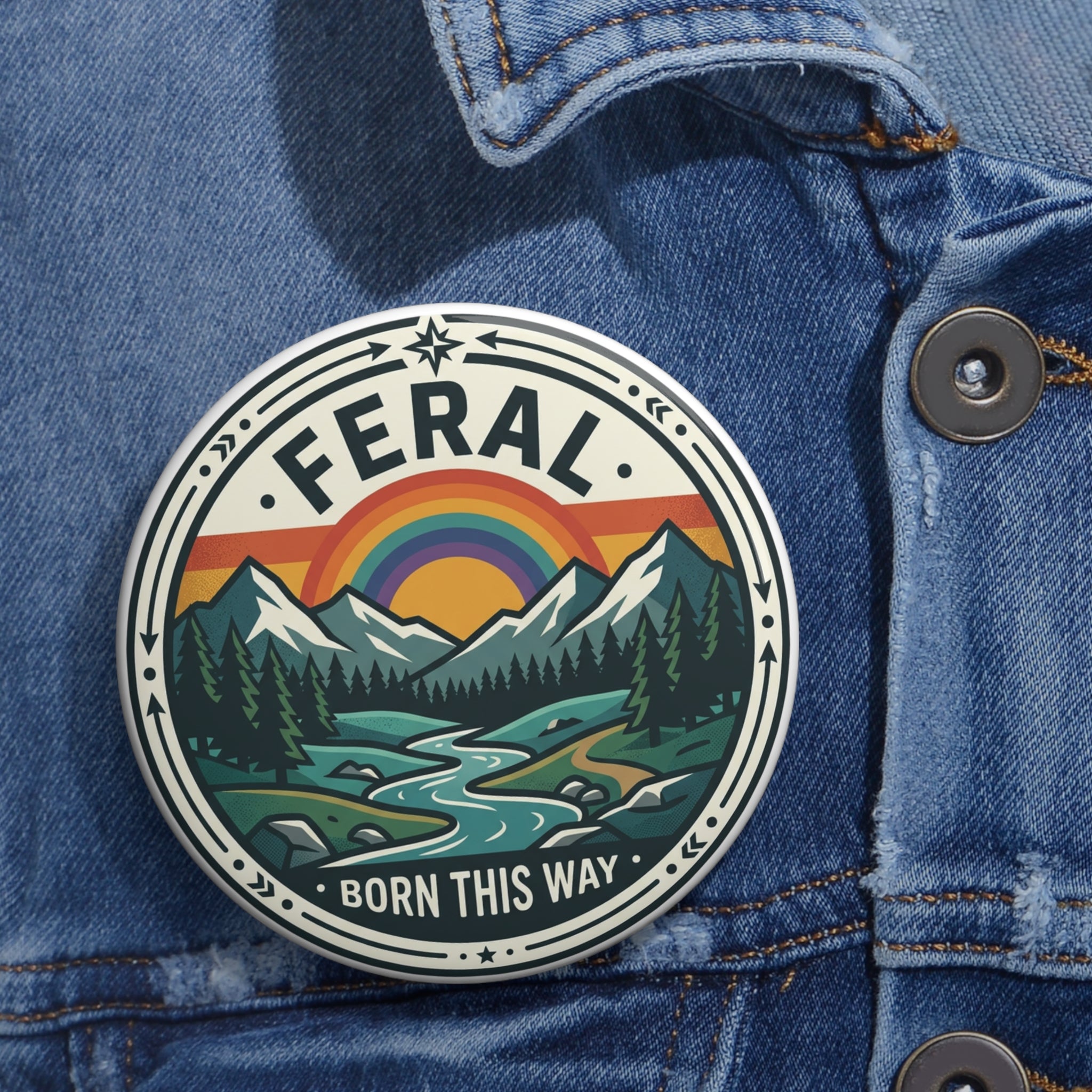 Gay Pride Pin button, LGBTQ Rainbow Mountain National Park Scene, Subtle Gay Pride Subtle Lesbian Pin | Feral Born This Way Pin
