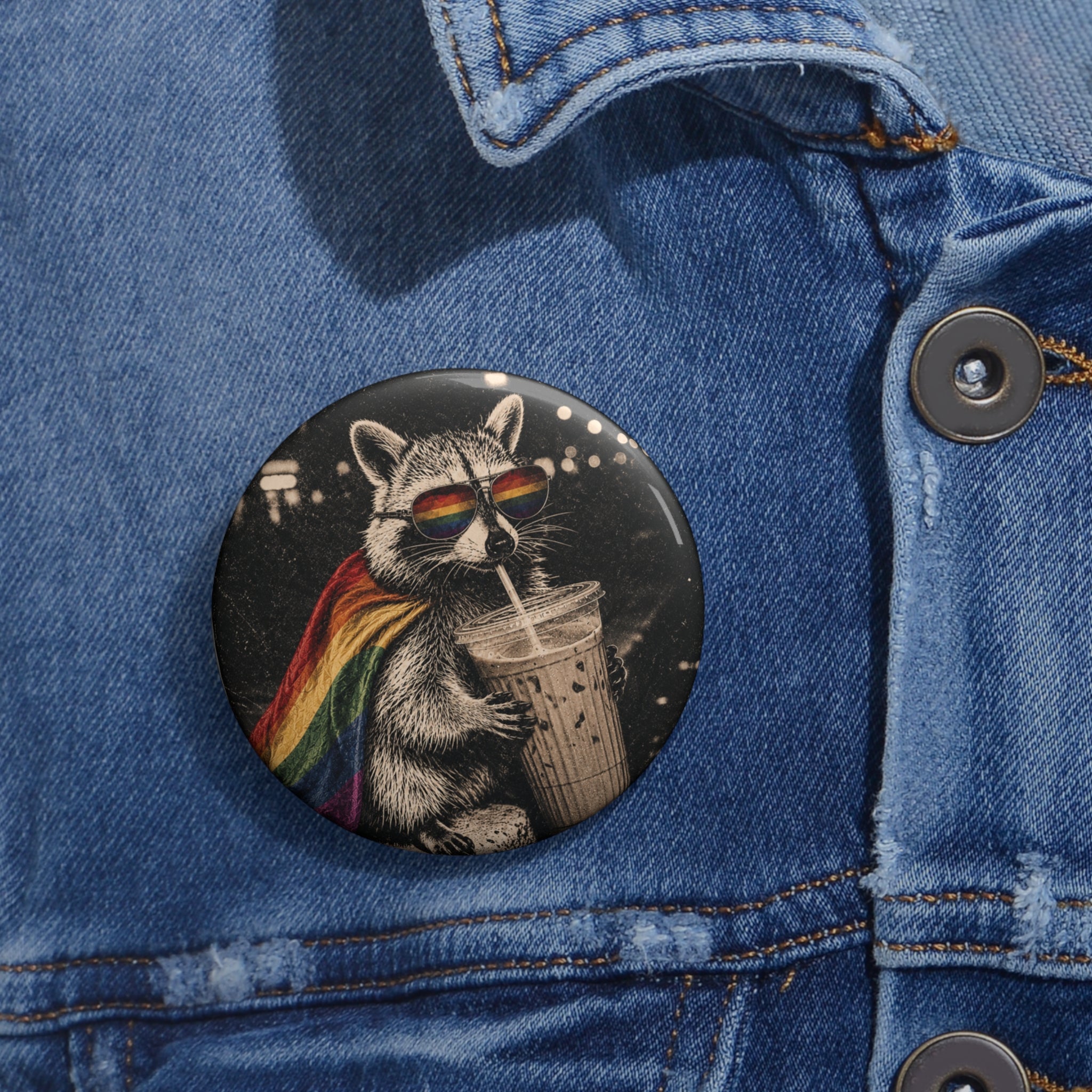Gay Pride Pin Button, Rainbow Cape Raccoon Iced Coffee Feral Pin, Queer Animal Button, Pride Accessory Gift