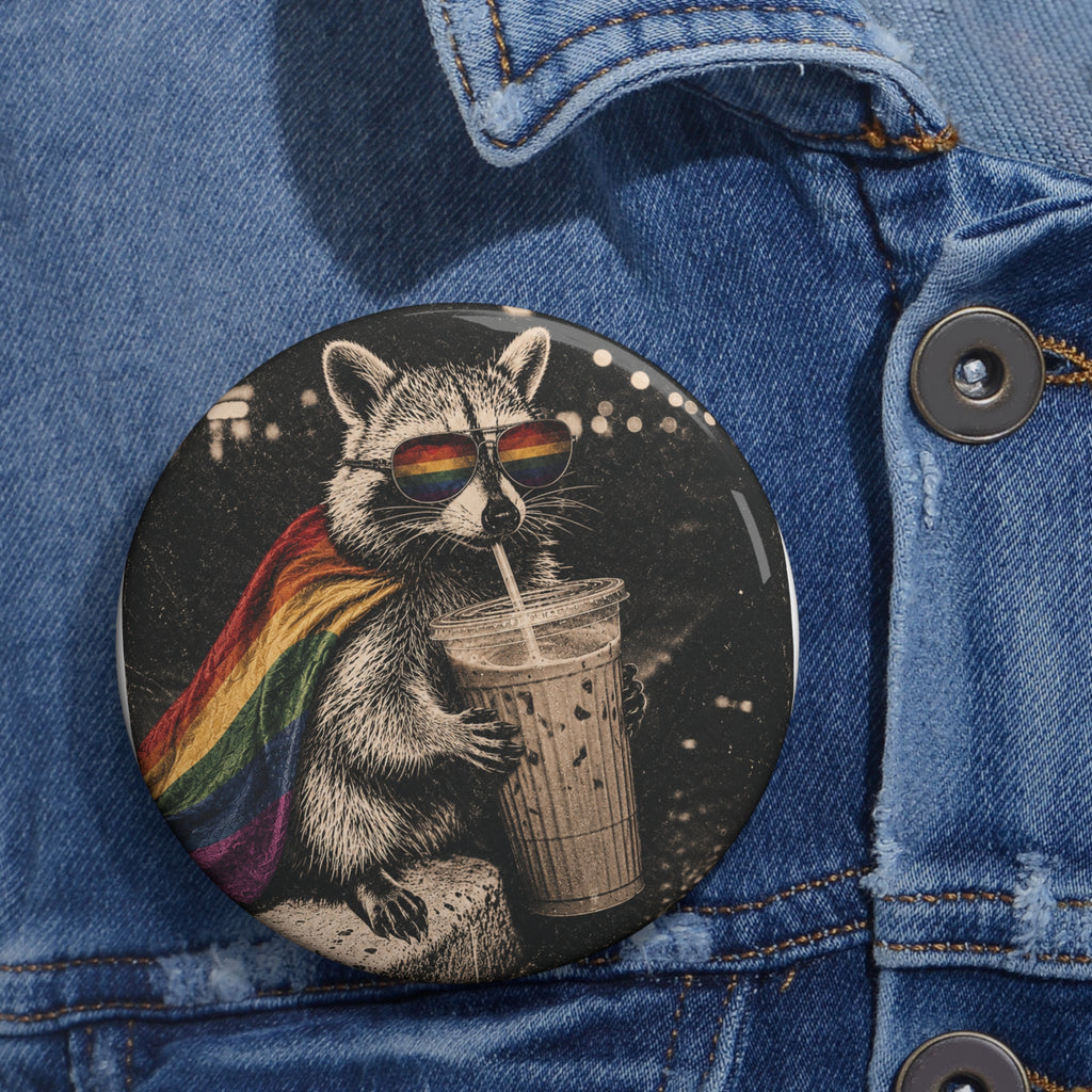 Gay Pride Pin Button, Rainbow Cape Raccoon Iced Coffee Feral Pin, Queer Animal Button, Pride Accessory Gift