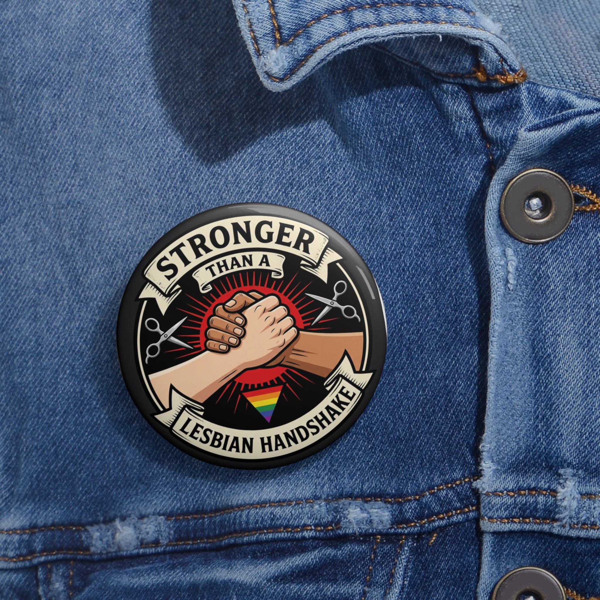 Stronger Than a Lesbian Handshake Button, Funny Lesbian Pride Pin, LGBTQ Button, Gay Pride Gift, Queer Humor Pin, WLM