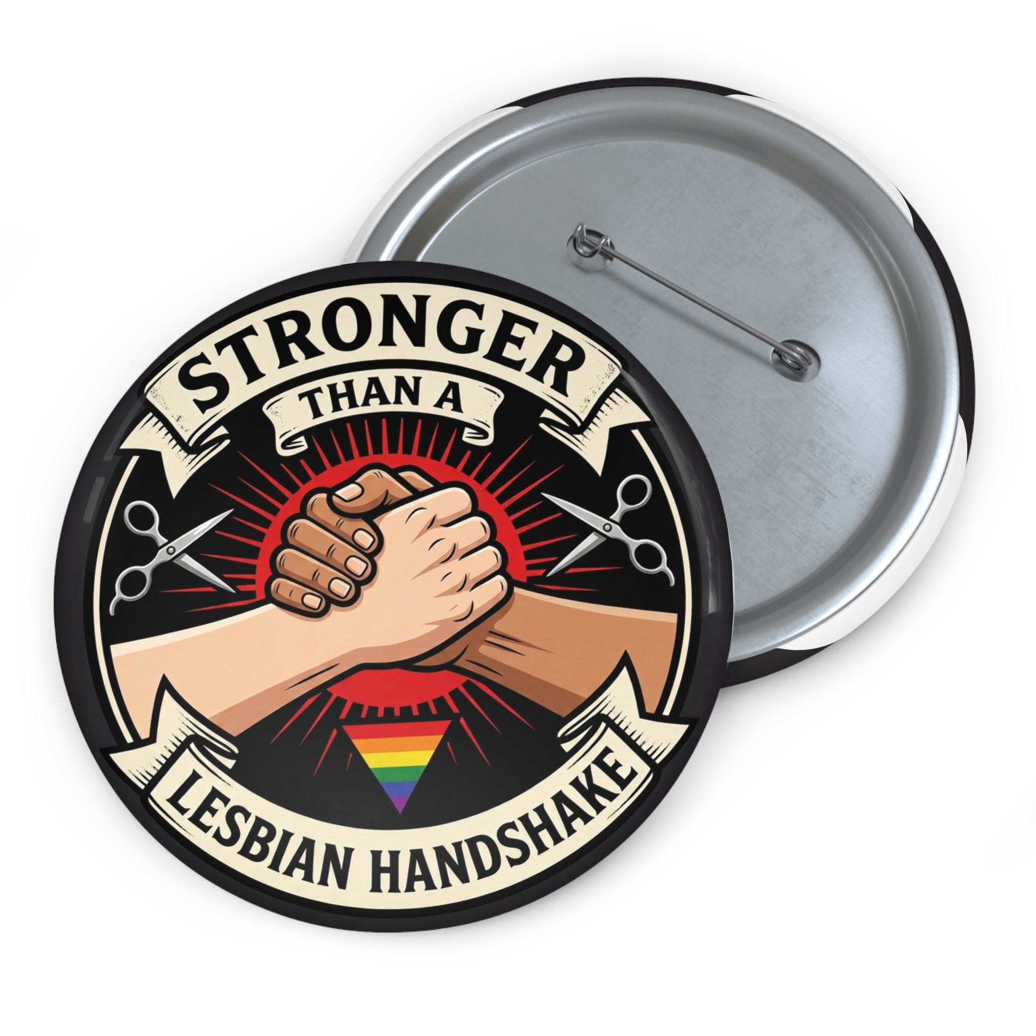 Stronger Than a Lesbian Handshake Button, Funny Lesbian Pride Pin, LGBTQ Button, Gay Pride Gift, Queer Humor Pin, WLM
