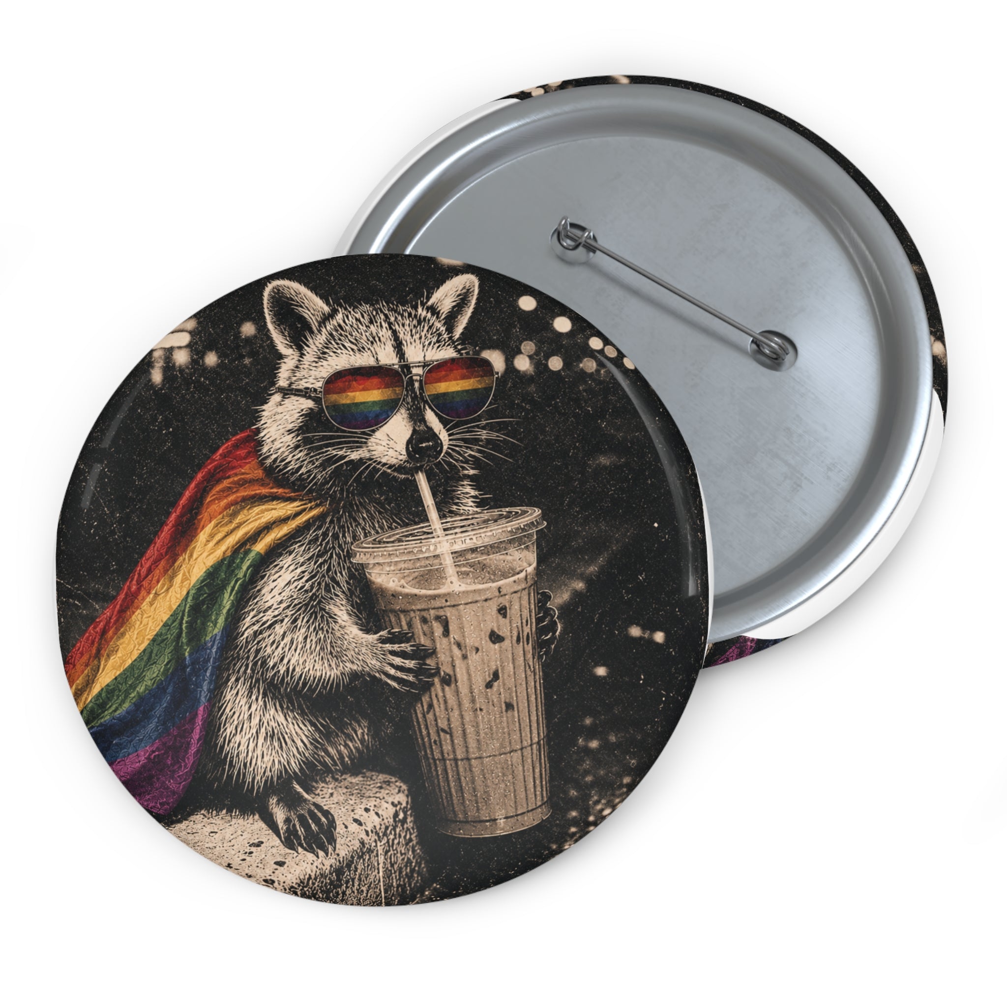 Gay Pride Pin Button, Rainbow Cape Raccoon Iced Coffee Feral Pin, Queer Animal Button, Pride Accessory Gift