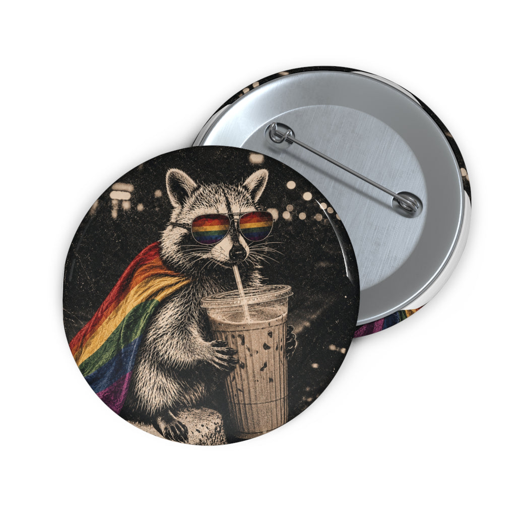 Gay Pride Pin Button, Rainbow Cape Raccoon Iced Coffee Feral Pin, Queer Animal Button, Pride Accessory Gift